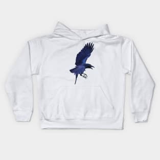 Raven in flight. Beautiful sheens of blue, purples and black. An understated bird. Bird lovers gift Kids Hoodie